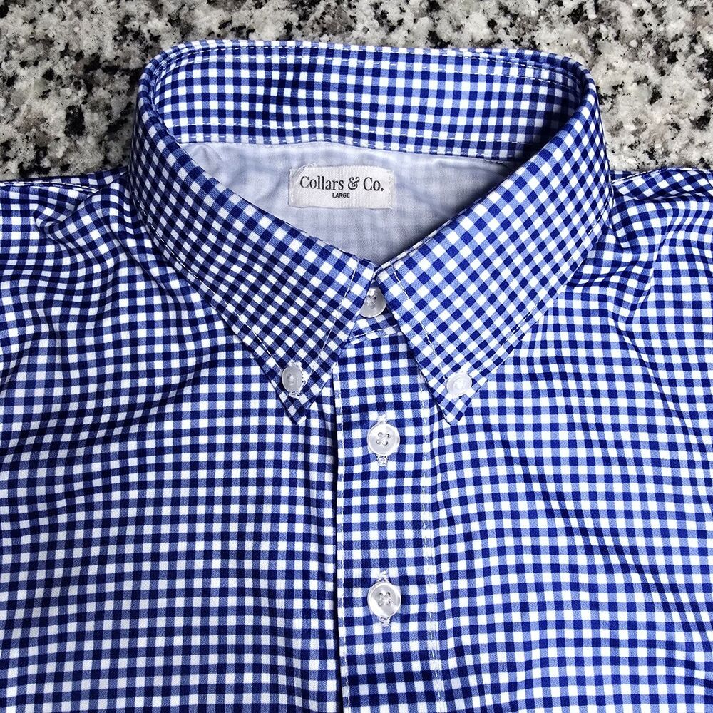 Collars & Co Blue & White Gingham Plaid Long Sleeve Dress Collar Polo L - Picture 2 of 5
